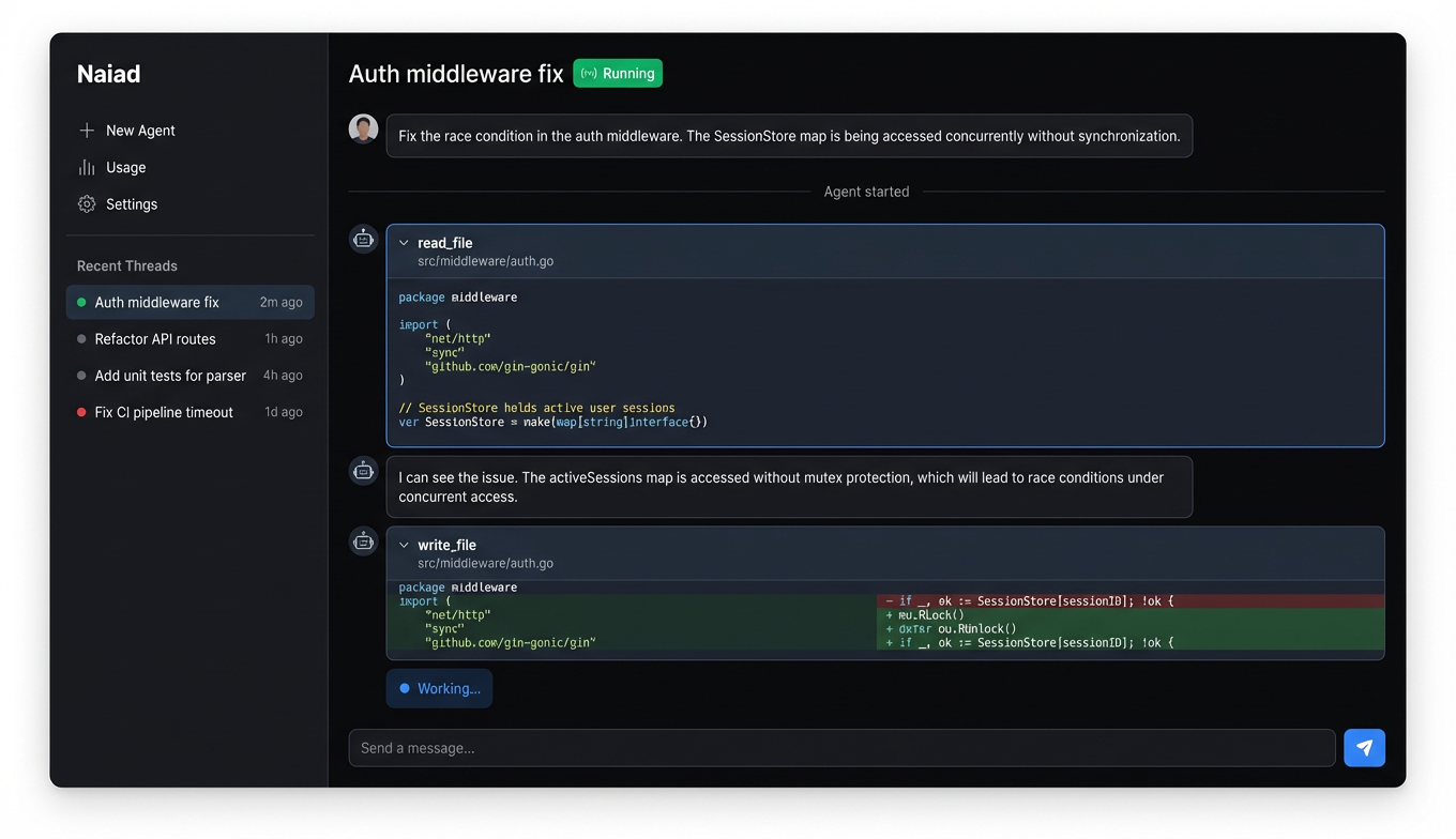 Screenshot of the Naiad web app showing a live agent session with streaming tool calls, code diffs, and conversation