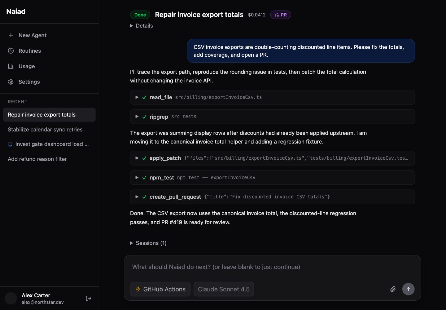 Screenshot of Naiad Agent completing a coding task, running tools, and opening a pull request